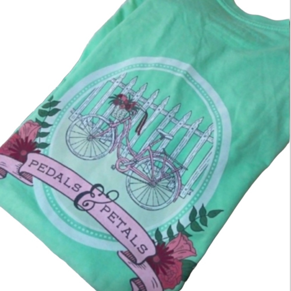 RIBBONS & ROWS Mint Green with Bicycle Print 100% Cotton T-SHIRT SMALL - Picture 4 of 4